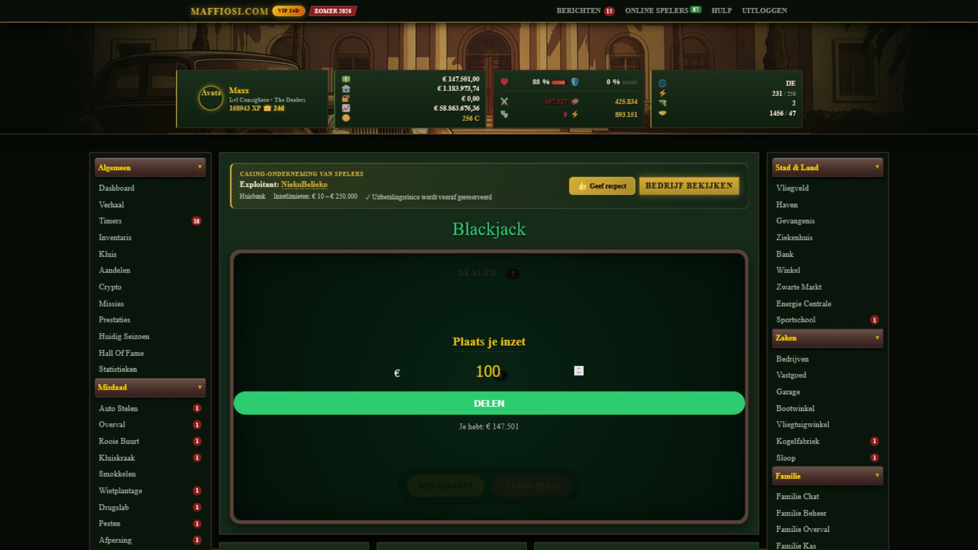 Probeer de dealer te verslaan met eenentwintig punten in Blackjack.