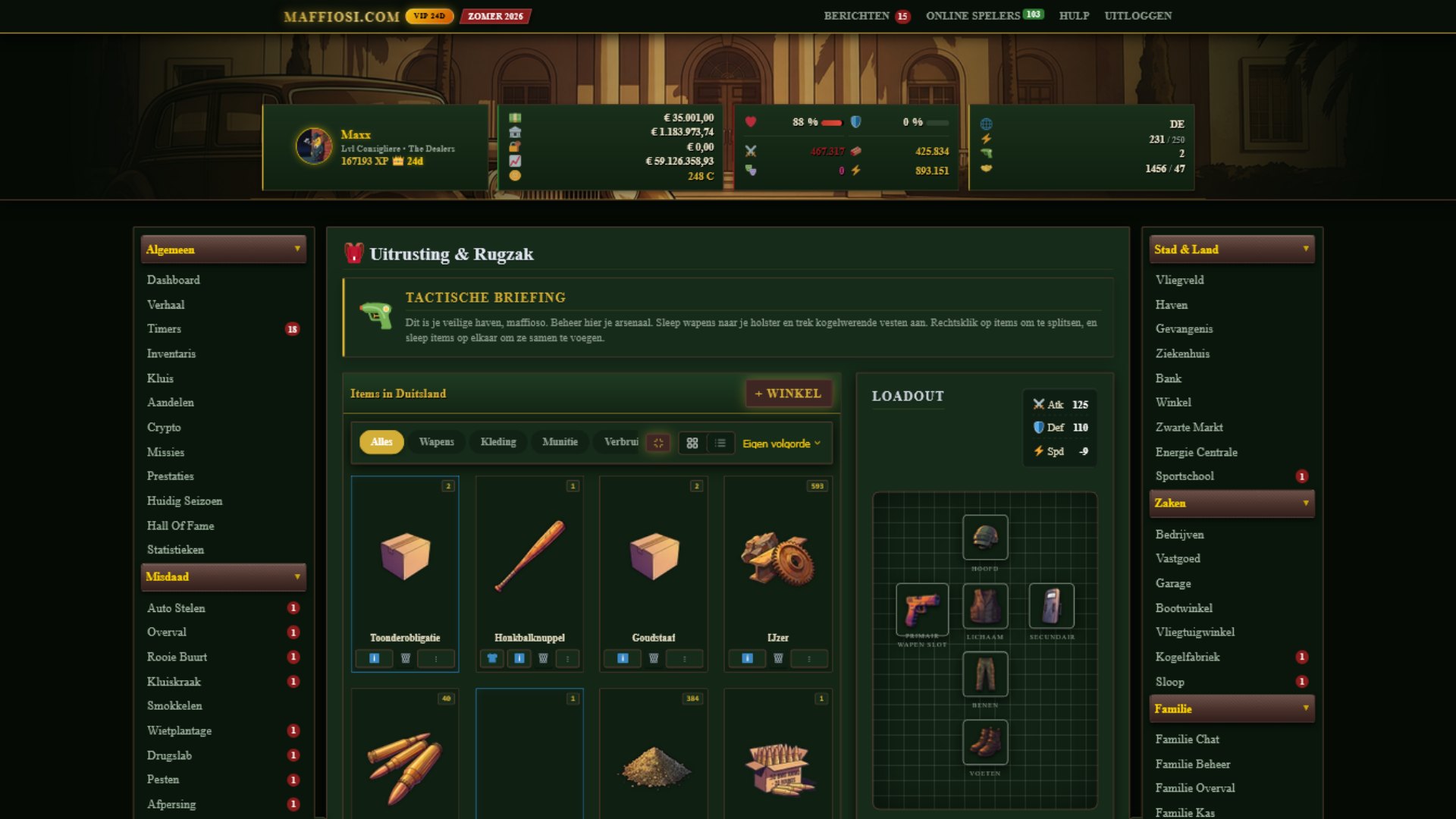 Je inventaris toont al je verzamelde wapens en items.